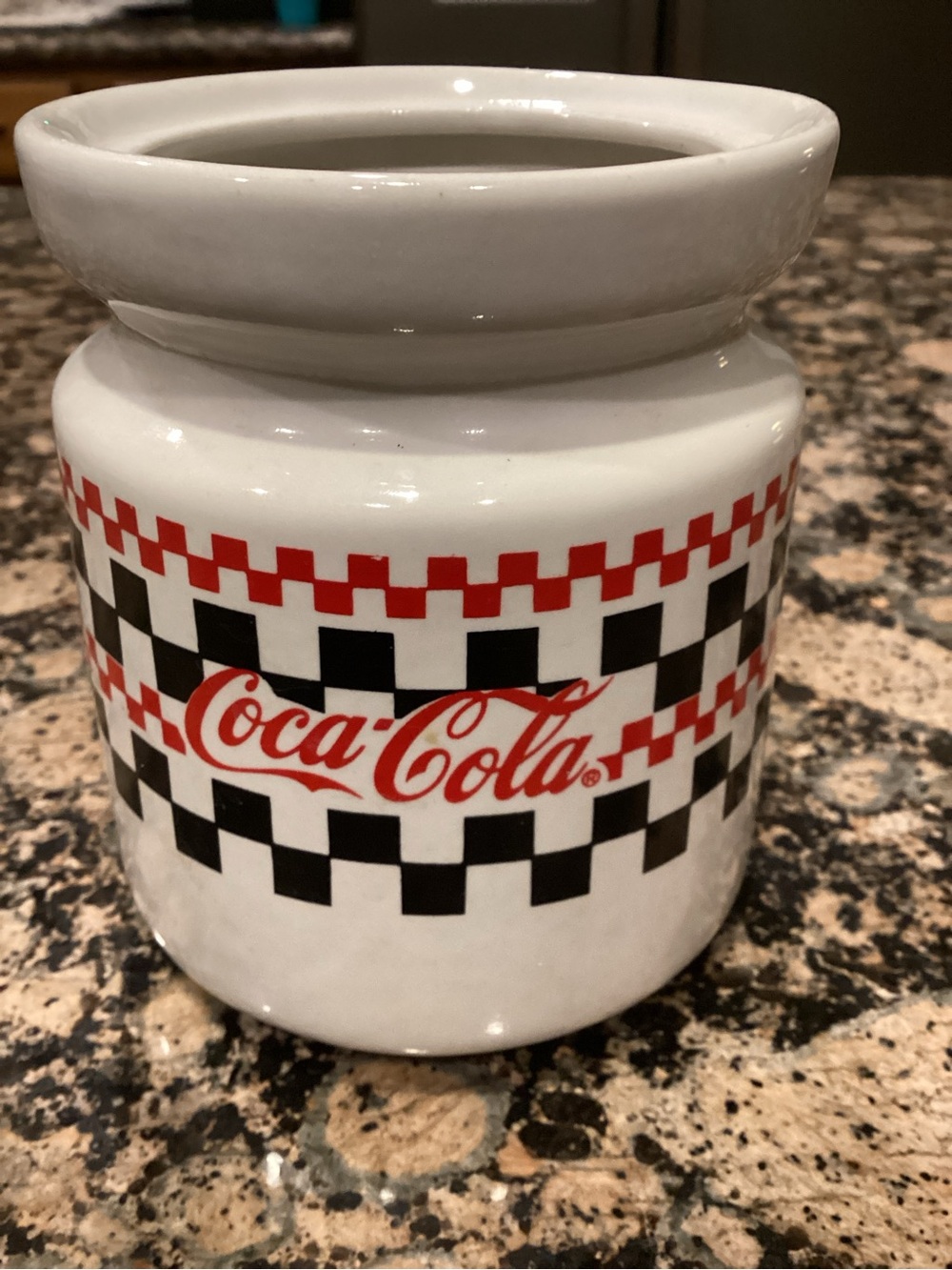 Coca Cola White Ceramic Jar with Red and Black Checkered Design